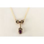 Amethyst and diamond Nouveau style necklace, Amethyst cluster, diamond set, bow design top, all