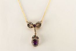 Amethyst and diamond Nouveau style necklace, Amethyst cluster, diamond set, bow design top, all