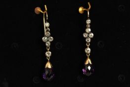 Early Amethyst and Diamond set earrings, briolette cut Amethysts suspended from si rose cut diamonds