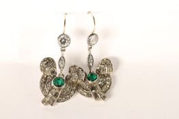 Pair of Paste Earrings, each set with a green paste stone, round and baguette shaped white paste