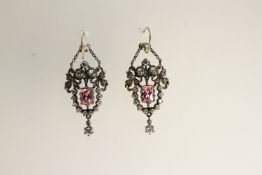 Vintage Pink and white paste drop earrings, elaborate silver settings, central rectangular pink