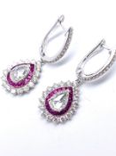 Pair of fine quality ruby and diamond drop earrings, boxed. Rose-cut diamonds 1.23ct, approx.