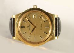 GENTLEMENS OMEGA GENEVE WRISTWATCH, circular champagne dial with baton hour markers, date aperture