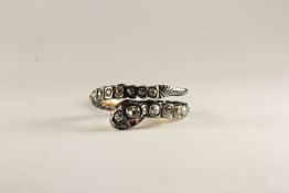 Early 20th Century Old Cut Diamond Snake Ring, old cut diamonds set from head to tail, ruby set