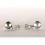 Pair of Pearl and Diamond Drop Earrings, set with 2 grey South Sea Pearls, surrounded by a total