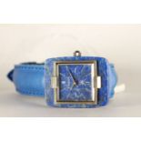 GENTLEMENS 18CT WHITE GOLD CENTURY WRISTWATCH, square lapis lazuli dial with silver sword hands,