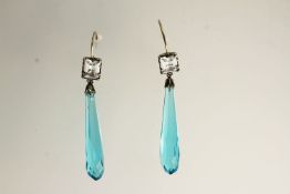 Vintage Briolette Drop Earrings, Long blue briolettes, suspended from rectangular white past