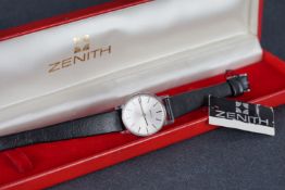 LADIES ZENITH WRISTWATCH W/ BOX, circular silver dial with hour markers and hands, 24mm stainless