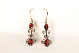 Unusual Garnet and Diamond Drop Earrings, fish hooks, total length approximately 3.8cm, comes with a