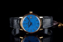 GENTLEMENS NOS ZODIAC AUTOMATIC DATE 18CT GOLD WRISTWATCH, circular baby blue dial with gold hour