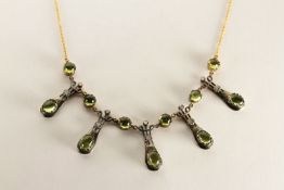 Art Nouveau-style Necklace, set with polished peridot and diamonds, stamped 9ct yellow gold,