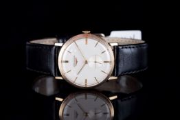 GENTLEMENS LONGINES 9CT GOLD WRISTWATCH, circular off white dial with gold hour markers and hands,