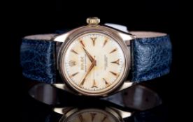 GENTLEMENS ROLEX OYSTER PERPETUAL 14CT GOLD WRISTWATCH REF. 6584 CIRCA 1954, circular patina dial