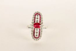 Platinum Elongated Ring, total approximate Ruby weight 0.97 ct, total approximate Diamond weight 0.