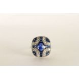 Art Deco-style Sapphire and Diamond Panel Ring, white metal not hallmarked, finger size N1/2.