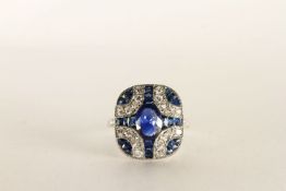 Art Deco-style Sapphire and Diamond Panel Ring, white metal not hallmarked, finger size N1/2.