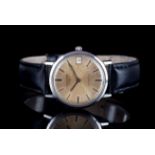 GENTLEMENS LONGINES AUTOMATIC DATE WRISTWATCH, circular patina dial with silver stick hour markers