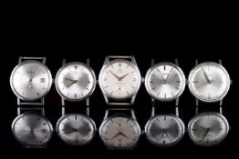 GROUP OF 5 VINTAGE WATCHES INCL OMEGA ZENITH BUREN, all watches have circular silver dials with