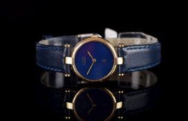 LADIES CARTIER VERMEIL QUARTZ WRISTWATCH W/ TRAVEL POUCH, circular blue and gold dusted dial with