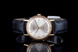 GENTLEMENS VERTEX REVUE 9CT GOLD WRISTWATCH, circular silver dial with applied hour markers and