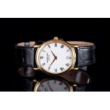 GENTLEMENS RAYMOND WEIL DATE WRISTWATCH, oval white dial with black roman numerals and gold dauphine