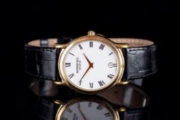 GENTLEMENS RAYMOND WEIL DATE WRISTWATCH, oval white dial with black roman numerals and gold dauphine