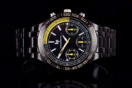 GENTLEMENS LIP CHRONOGRAPH WRISTWATCH, circular black triple register dial with hour markers and