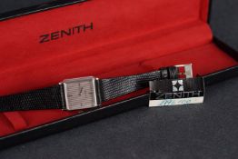 LADIES ZENITH WRISTWATCH W/ BOX, square silver tapestry dial with hour markers and hands, 22mm