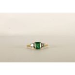 Emerald and Diamond 3 Stone Ring, set with a princess cut emerald, 4 claw set, a round brilliant cut