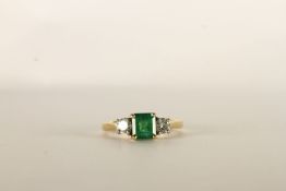 Emerald and Diamond 3 Stone Ring, set with a princess cut emerald, 4 claw set, a round brilliant cut