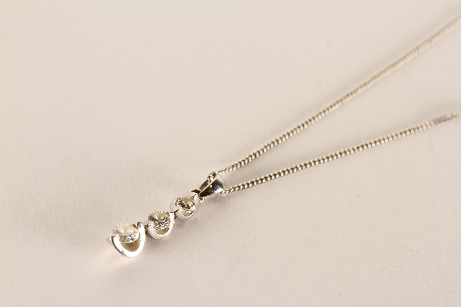 Diamond Trilogy Necklace, set with 3 diamonds, stamped 18ct white gold, approximate chain length - Image 2 of 3