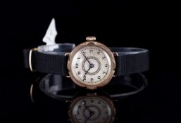 LADIES ROLLED GOLD COCKTAIL WATCH, circular patina dial with black Arabic numerals and hands, 25mm