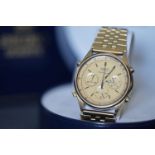 GENTLEMENS SEIKO QUARTZ CHRONOGRAPH WRISTWATCH W/ BOX, 7A28, circular gold triple register dial with