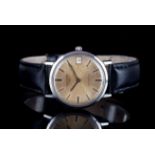 GENTLEMENS LONGINES AUTOMATIC DATE WRISTWATCH, circular patina dial with silver stick hour markers