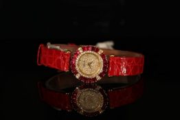 LADIES 18K DELANEAU WRISTWATCH, DIAMOND PAVE DIAL AND RUBY SET BEZEL, MODEL GE65, round, pave