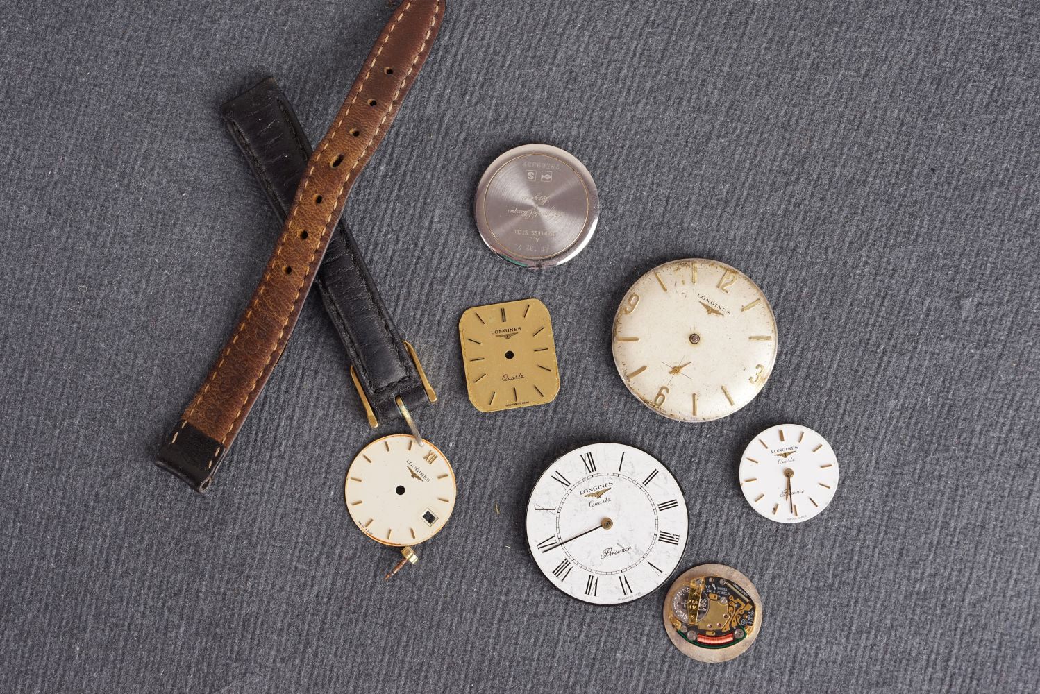 GROUP OF LONGINES DIAMOND DIALS HANDS SPARE PARTS, 7 Longines dials including diamond set dial, 3