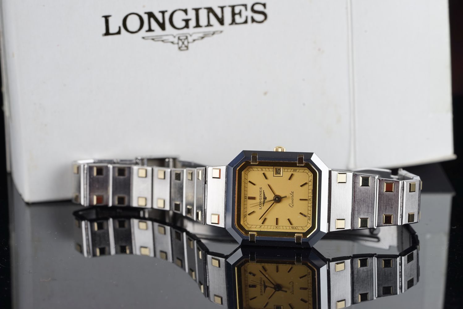 LADIES LONGINES XL 24 WRISTWATCH, rectangular gold dial with gold hour markers and hands, gold bezel - Image 2 of 2