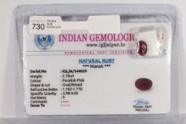 An Oval Cut Loose Natural Ruby, 2.70ct, comes with a Gemological Test Certificate.