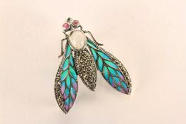 Fly Brooch/Pendant, set with cabochon moonstone, rubies and marcasites, inlaid with enamel, sterling