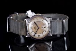 GENTLEMENS OMEGA FOBOIS WRISTWATCH CIRCA 1930s, circular two tone dial with pencil hour markers
