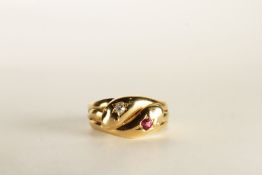 Victorian Period Snake Ring, 2 snake heads set with a ruby and diamond, stamped 18ct yellow gold,