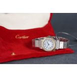 LADIES CARTIER SANTOS AUTOMATIC WRISTWATCH, circular white dial with black roman numeral hour