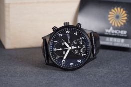 GENTLEMENS WANCHER CHRONOGRAPH WRISTWATCH W/ BOX & GUARANTEE, circular black twin register dial with