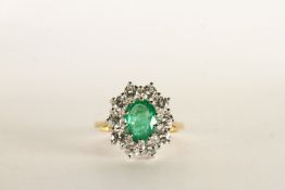 Emerald and Diamond Cluster Ring, set with an oval cut emerald approximately 1.60ct, round brilliant