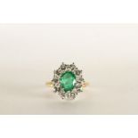 Emerald and Diamond Cluster Ring, set with an oval cut emerald approximately 1.60ct, round brilliant