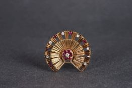 Vintage Ruby and Diamond Brooch, centre cluster of rubies with a single diamond, two tired crescents