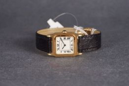 LADIES CARTIER SANTOS 18CT GOLD WRISTWATCH, rounded square beige dial with black roman numeral
