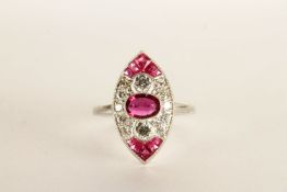 Marquise-Shaped Ruby and Diamond Ring, set with rubies and round brilliant cut diamonds, platinum,