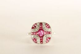 Art Deco-Style Ruby & Diamond Panel Ring, set with calibre cut rubies totalling approximately 1.15ct