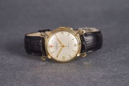 VINTAGE 14K JULES JURGENSEN AUTOMATIC, circular dial with baton and Arabic hour markers, red seconds